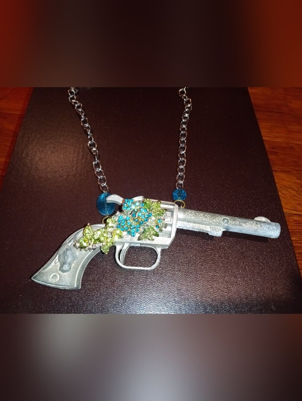 Silver Faux Revolver Pendant Necklace with Blue and Green Crystal Broach